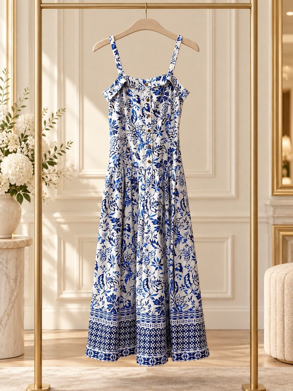 Karl Lagerfeld Blue White Floral Midi Dress Faux Button Front Side Slits Size 4